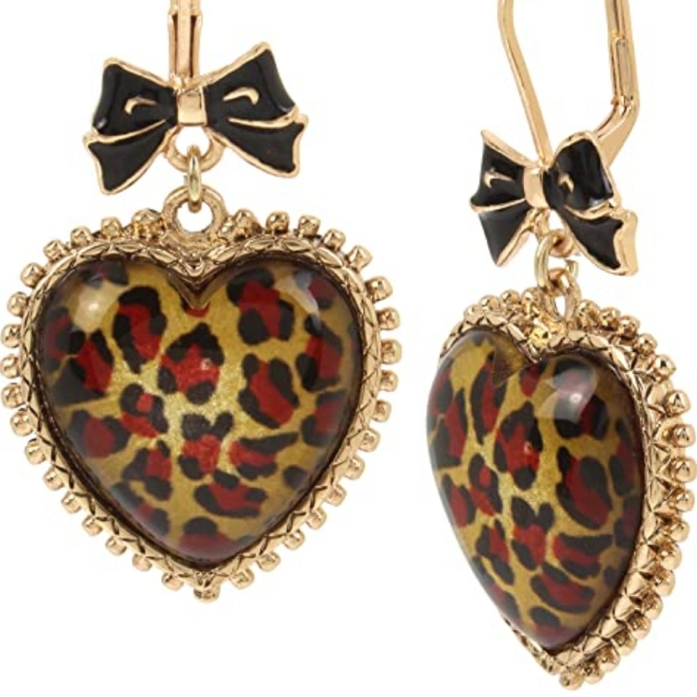 Betsey Johnson Leopard Heart Drop Earrings with bow